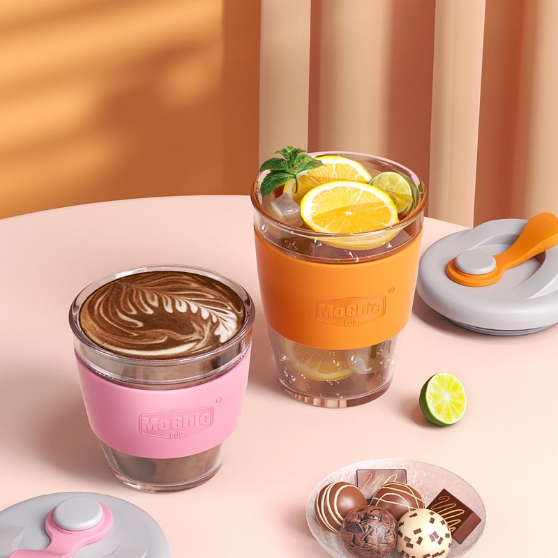 MoChic Logo Reusable Office Spill proof Handmade Glass Coffee Tea mug Coffee cup with lids