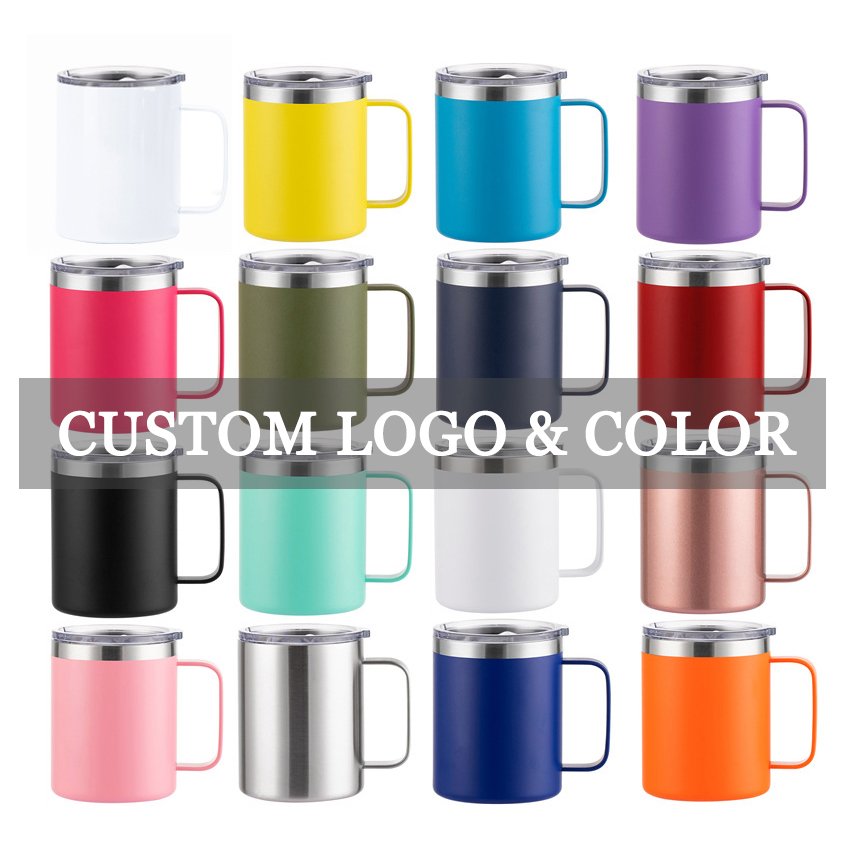 Custom 12oz Insulated Leakproof Coffee Mug with Lid Double Wall Vacuum Stainless Steel Travel Tumbler with Handle Camping Mug