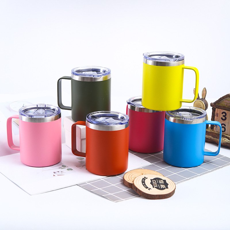 Custom 12oz Insulated Leakproof Coffee Mug with Lid Double Wall Vacuum Stainless Steel Travel Tumbler with Handle Camping Mug