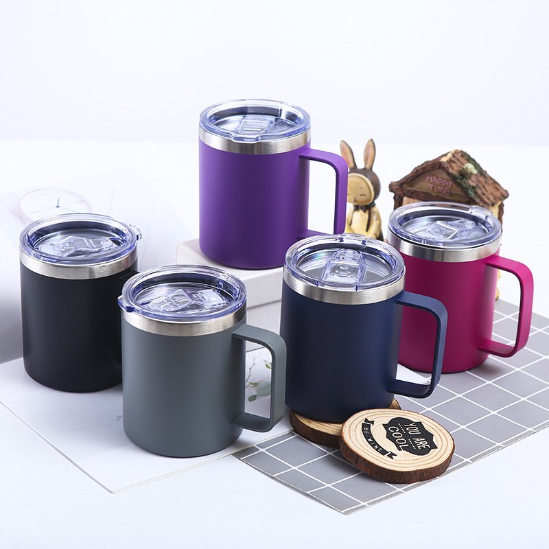 Custom 12oz Insulated Leakproof Coffee Mug with Lid Double Wall Vacuum Stainless Steel Travel Tumbler with Handle Camping Mug