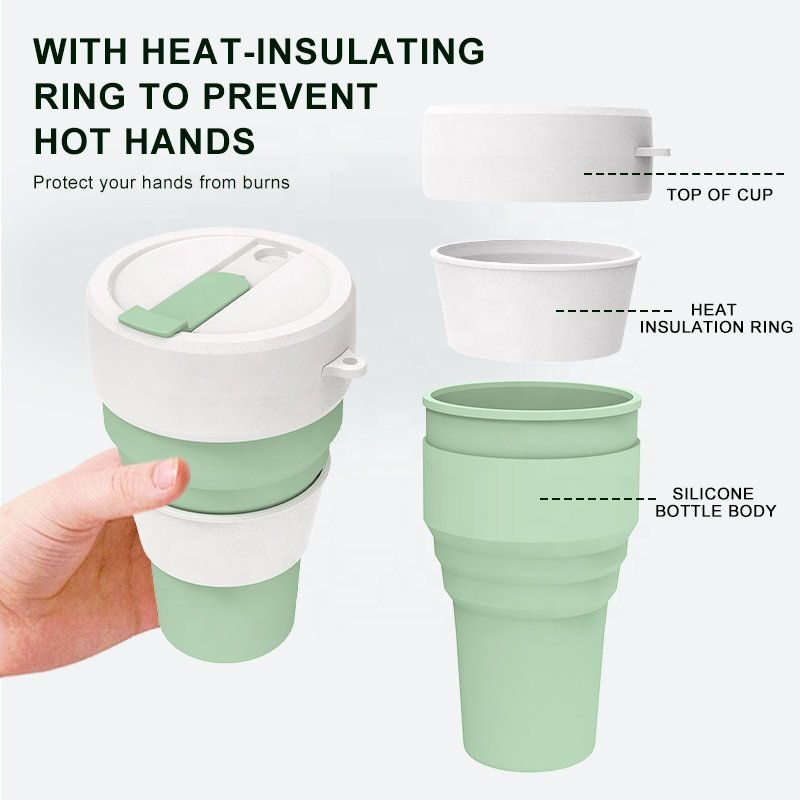 Wellfine Portable Silicone Foldable Personalize Reusable Collapsible Travel Coffee Water Cup Folding Outdoor Camping Travel Mug