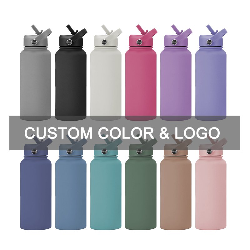 Custom Print Insulated Water bottle With Straw Lid 22oz 32oz 40oz Stainless Steel Metal Thermos Water Bottle For Sports & Gym