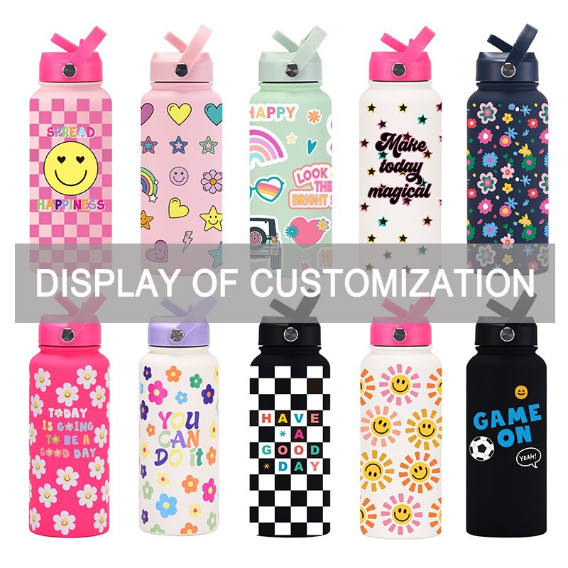 Custom Print Insulated Water bottle With Straw Lid 22oz 32oz 40oz Stainless Steel Metal Thermos Water Bottle For Sports & Gym