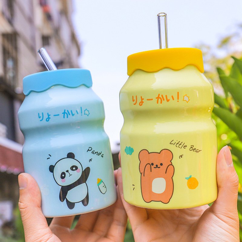 Couple Students School Outdoor Cute Girl Gift Tea Cups Ceramics Porcelain Custom Mugs Ceramic Kids Milk Mug With Straw