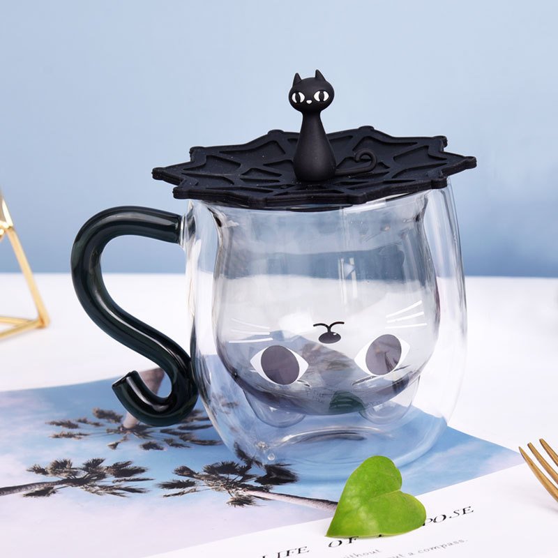 New Creative Double Wall Glass Mug Insulated Heat Cold Resistant Borosilicate Clear Tea Cups with Handle and Lid