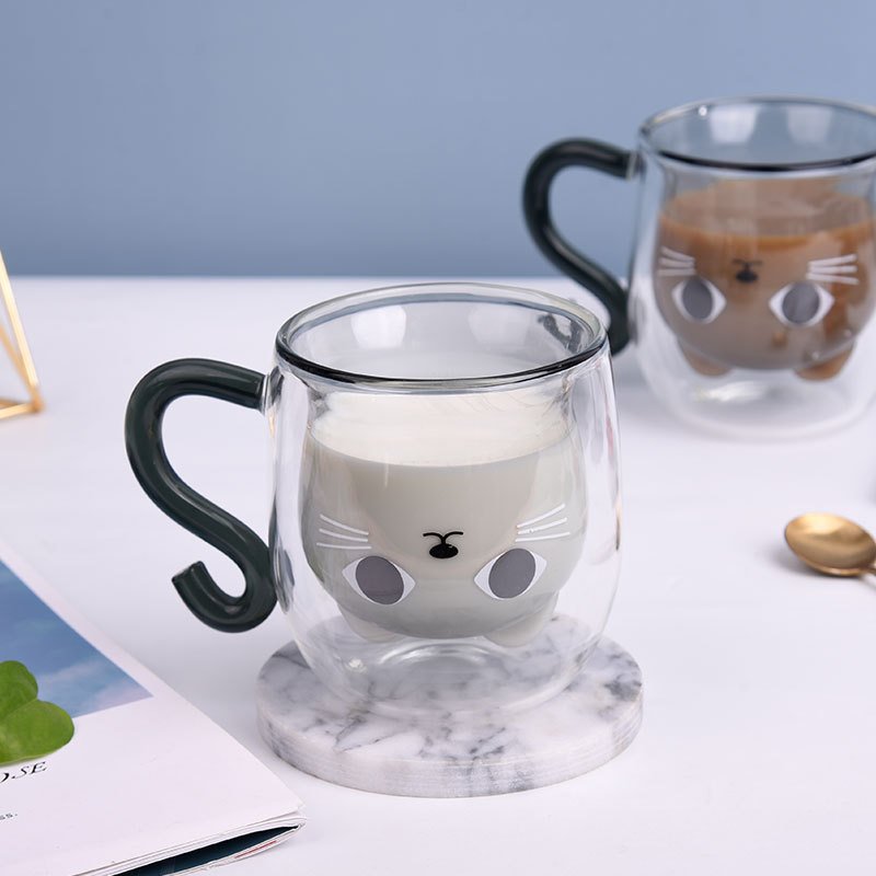 New Creative Double Wall Glass Mug Insulated Heat Cold Resistant Borosilicate Clear Tea Cups with Handle and Lid