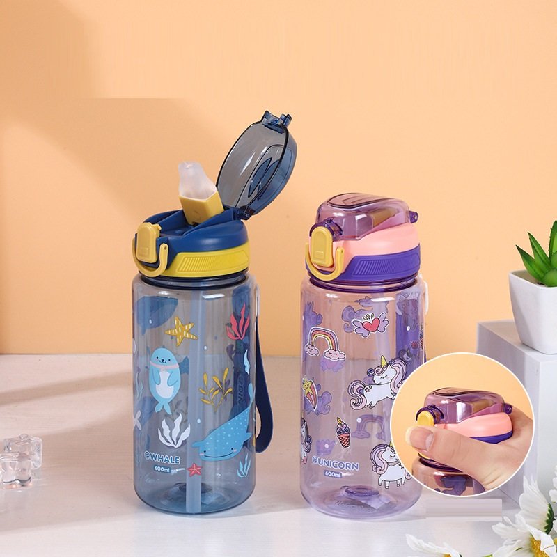 600ml Kids Water Bottle Straw Drinking Children Kids Drink School Cute Pattern Water Bottle