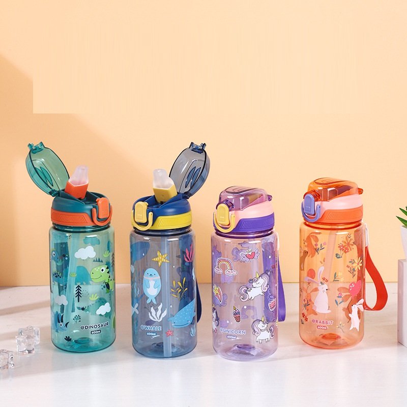 600ml Kids Water Bottle Straw Drinking Children Kids Drink School Cute Pattern Water Bottle