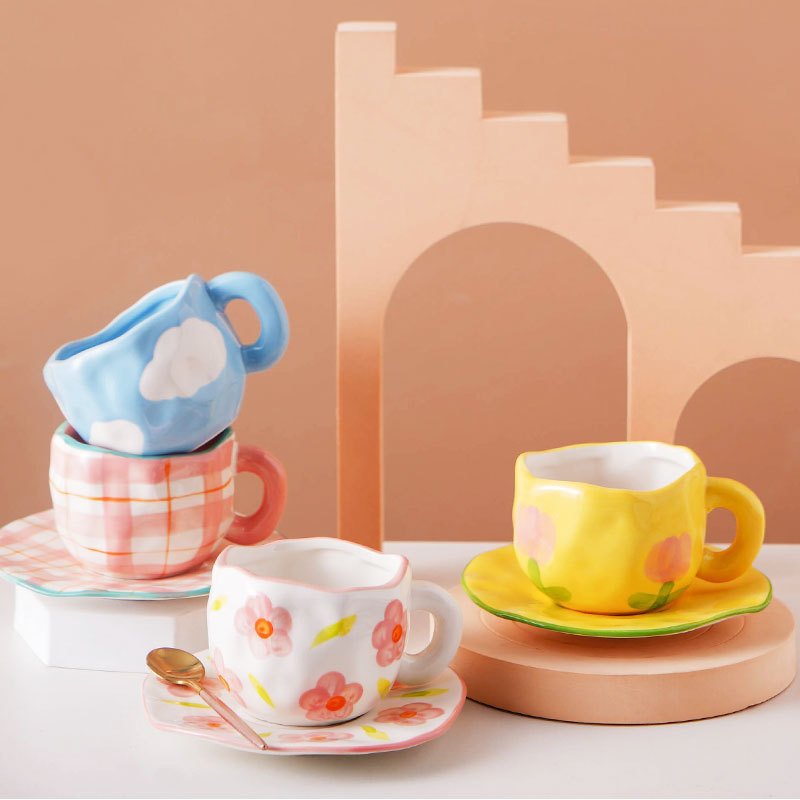 Ins Custom Handmade Flower Shape 10oz Coffee Mug Ceramic Afternoon Tea Cup and Saucer Set