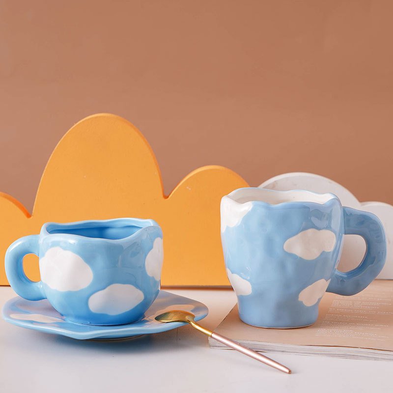 Ins Custom Handmade Flower Shape 10oz Coffee Mug Ceramic Afternoon Tea Cup and Saucer Set