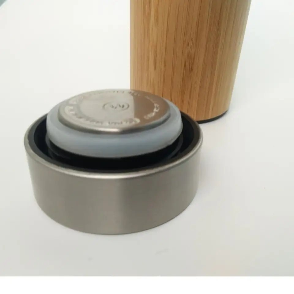 Hot sale 304 stainless steel bamboo tea water bottle flask wide mouth coffee cup bamboo tumblers with tea infuser bamboo thermos