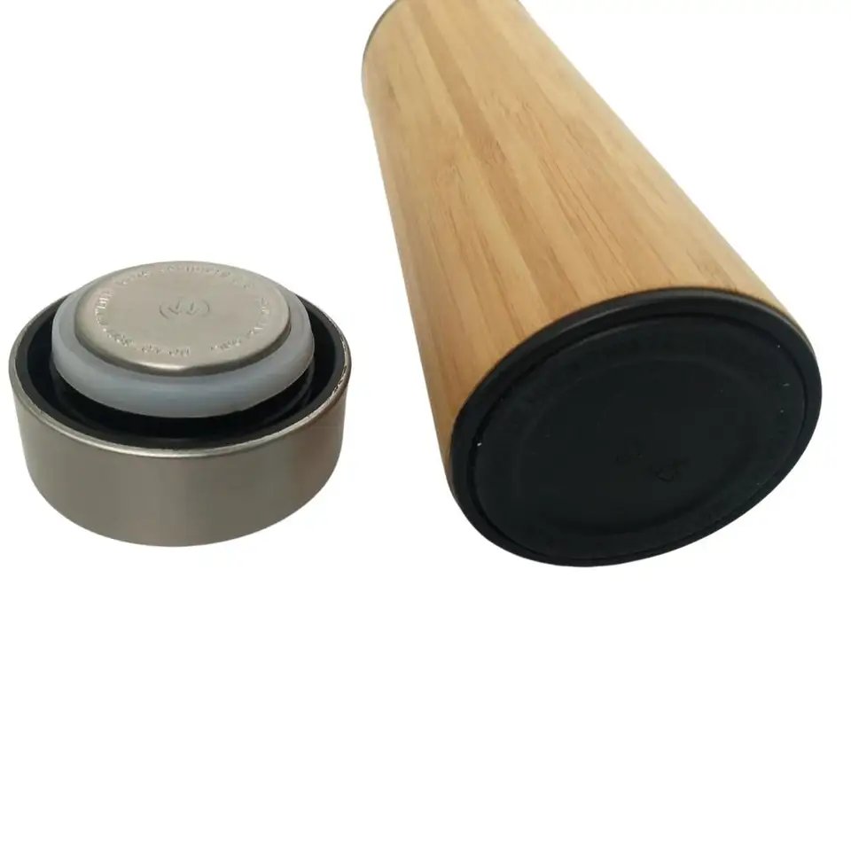 Hot sale 304 stainless steel bamboo tea water bottle flask wide mouth coffee cup bamboo tumblers with tea infuser bamboo thermos
