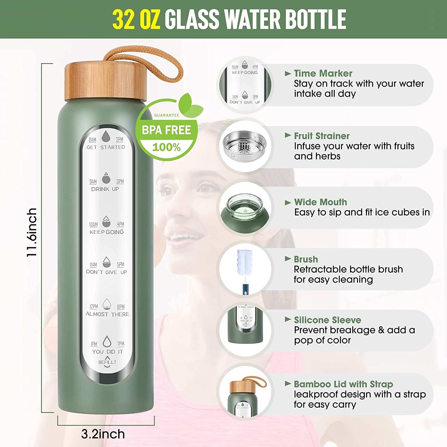 BPA Free borosilicate motivational glass water bottle 32 oz time marker bouteille d'eau de sport with silicone sleeve