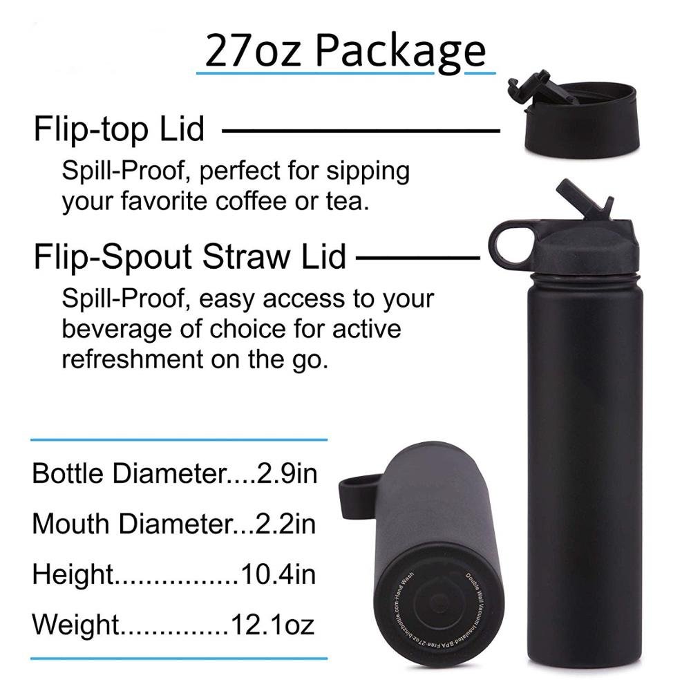 Stainless Steel Water Bottle 18oz 27oz 40oz Vacuum Insulated Wide Mouth Double Wall Leak Proof Flask with BPA Free Lids