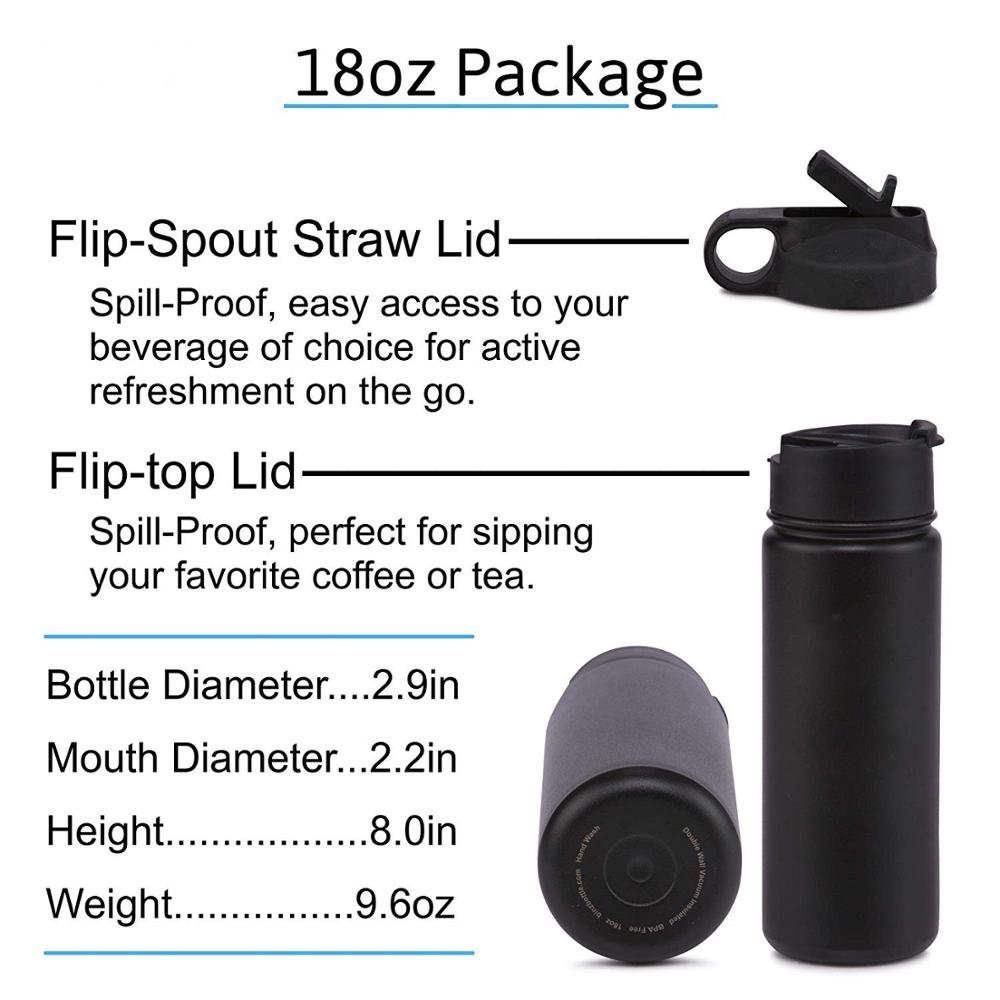 Stainless Steel Water Bottle 18oz 27oz 40oz Vacuum Insulated Wide Mouth Double Wall Leak Proof Flask with BPA Free Lids
