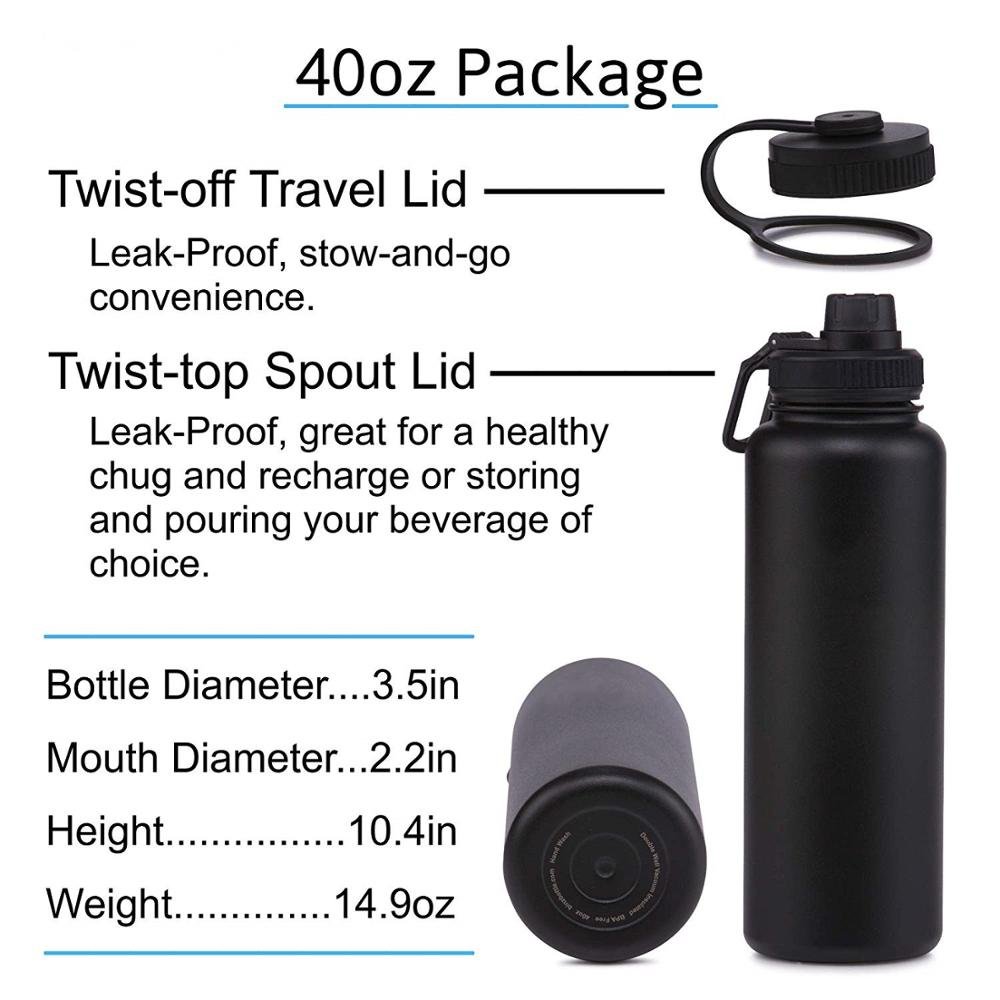 Stainless Steel Water Bottle 18oz 27oz 40oz Vacuum Insulated Wide Mouth Double Wall Leak Proof Flask with BPA Free Lids