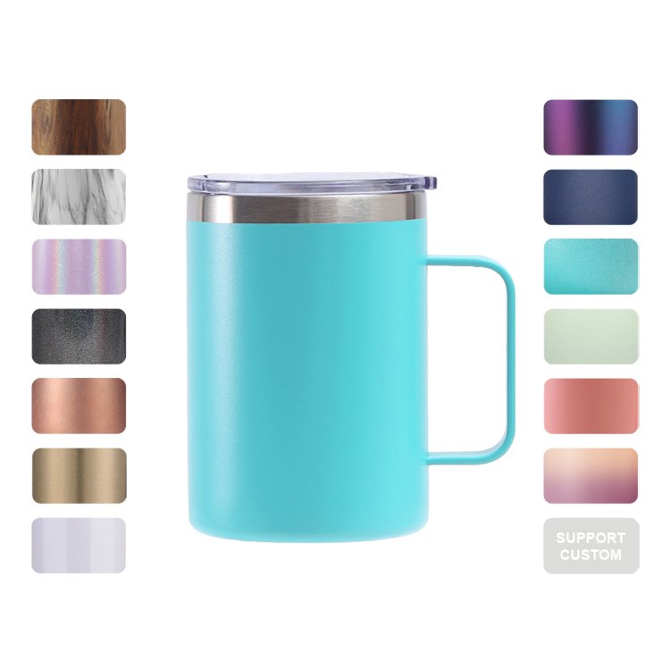 Custom Logo 12 oz 14 oz Powder Coated Insulated Stainless Steel Coffee Mugs Handle Double Wall Vacuum Tumbler Cup With Lid