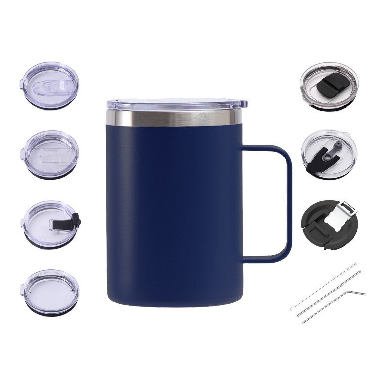 Custom Logo 12 oz 14 oz Powder Coated Insulated Stainless Steel Coffee Mugs Handle Double Wall Vacuum Tumbler Cup With Lid