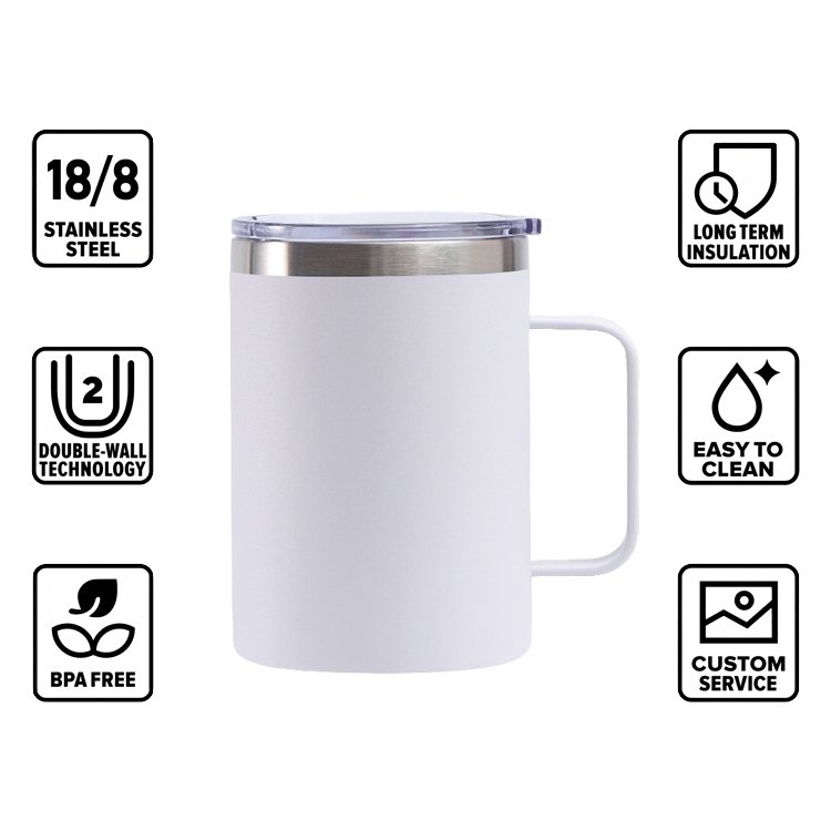 Custom Logo 12 oz 14 oz Powder Coated Insulated Stainless Steel Coffee Mugs Handle Double Wall Vacuum Tumbler Cup With Lid