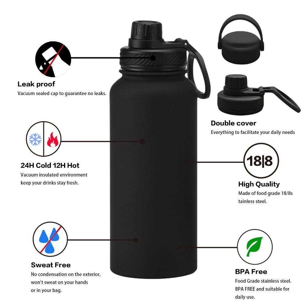 Custom Logo 32 oz 2 Lids Stainless Steel Vacuum Flask Insulated Reusable Sports Water Bottle Straw with Lid