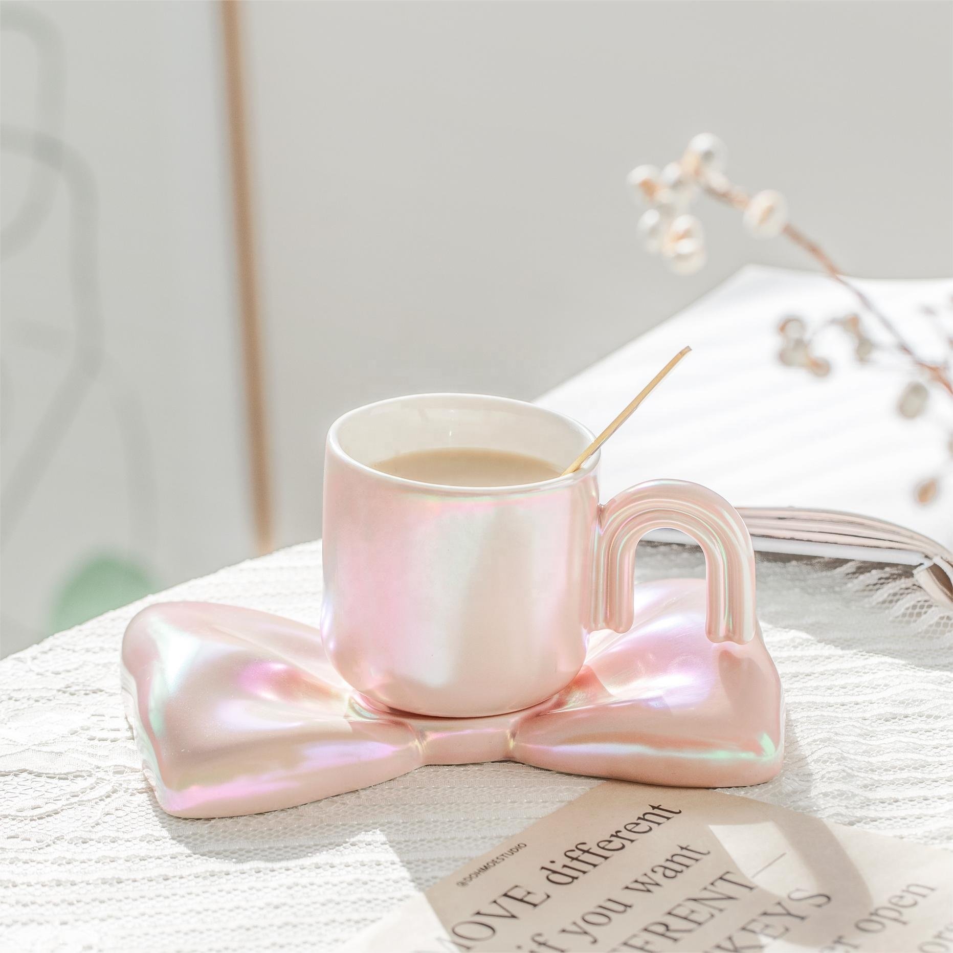 Lakuna 210ML Elegant Bowknot Coaster Coffee Cup and Saucer Set Porcelain Bowknot Tea Mug for Afternoon Tea Coffee