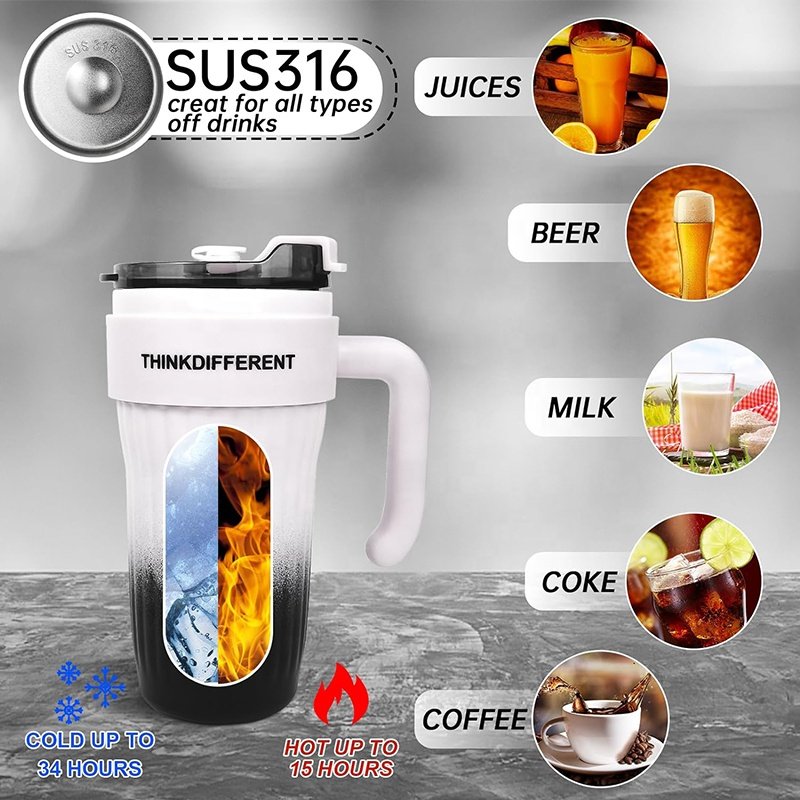 Travel Iced Coffee Cup Outdoor Mugs Insulated Stainless Steel Double Wall Water Bottle Tumbler with Handle and Straw Lid