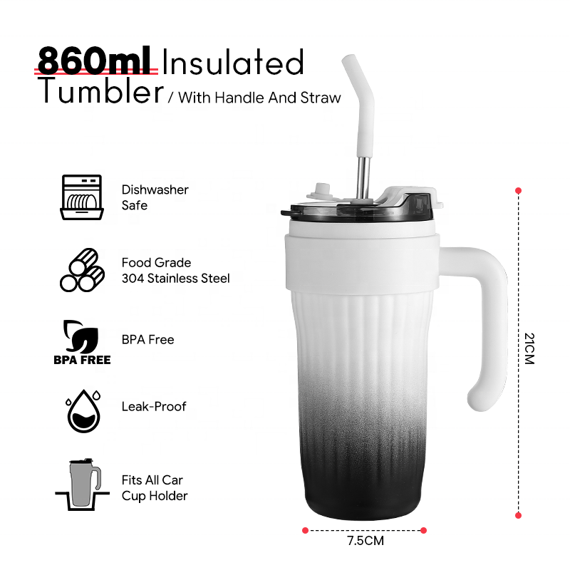 Travel Iced Coffee Cup Outdoor Mugs Insulated Stainless Steel Double Wall Water Bottle Tumbler with Handle and Straw Lid
