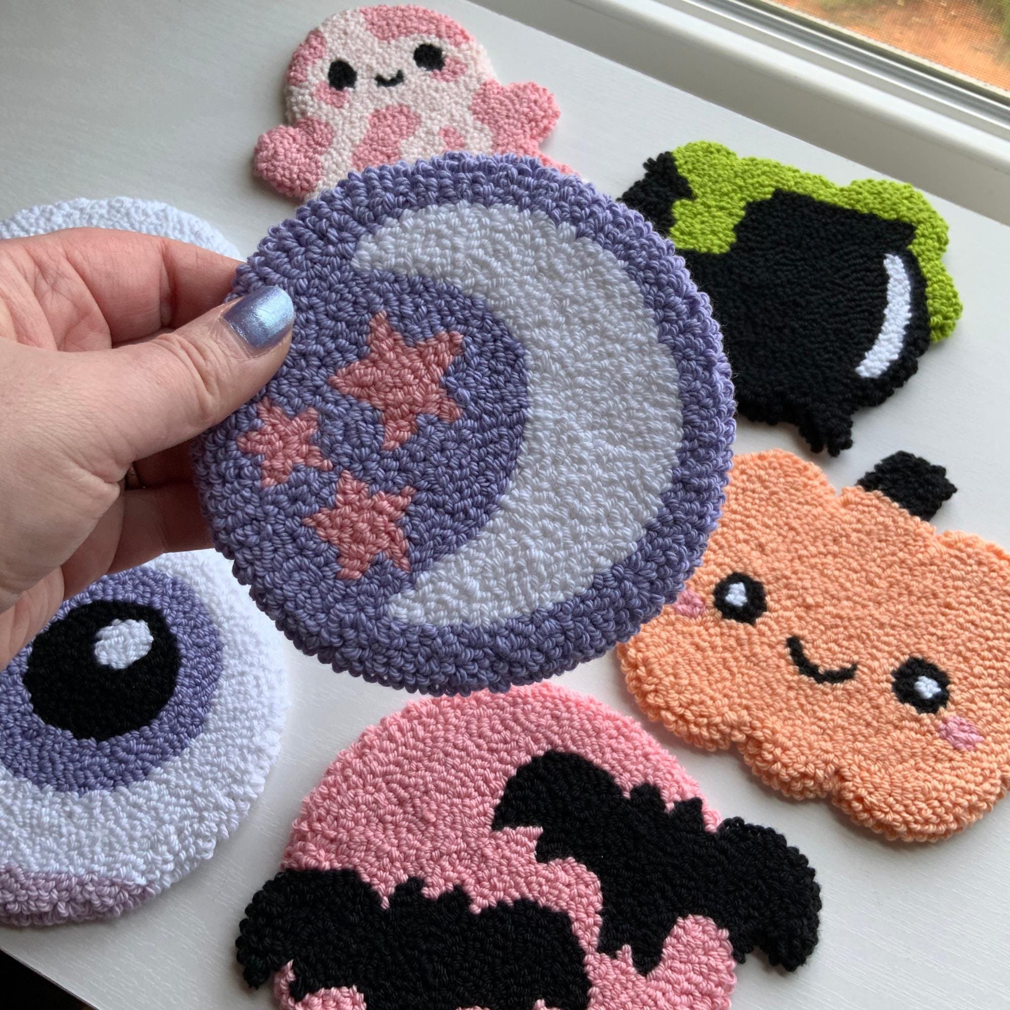 Handmade Punch Needle Halloween Fall Decor Cute Spooky Mug Rug Coasters Kitchen Table Fabric Pad Drink Holder Halloween Fall
