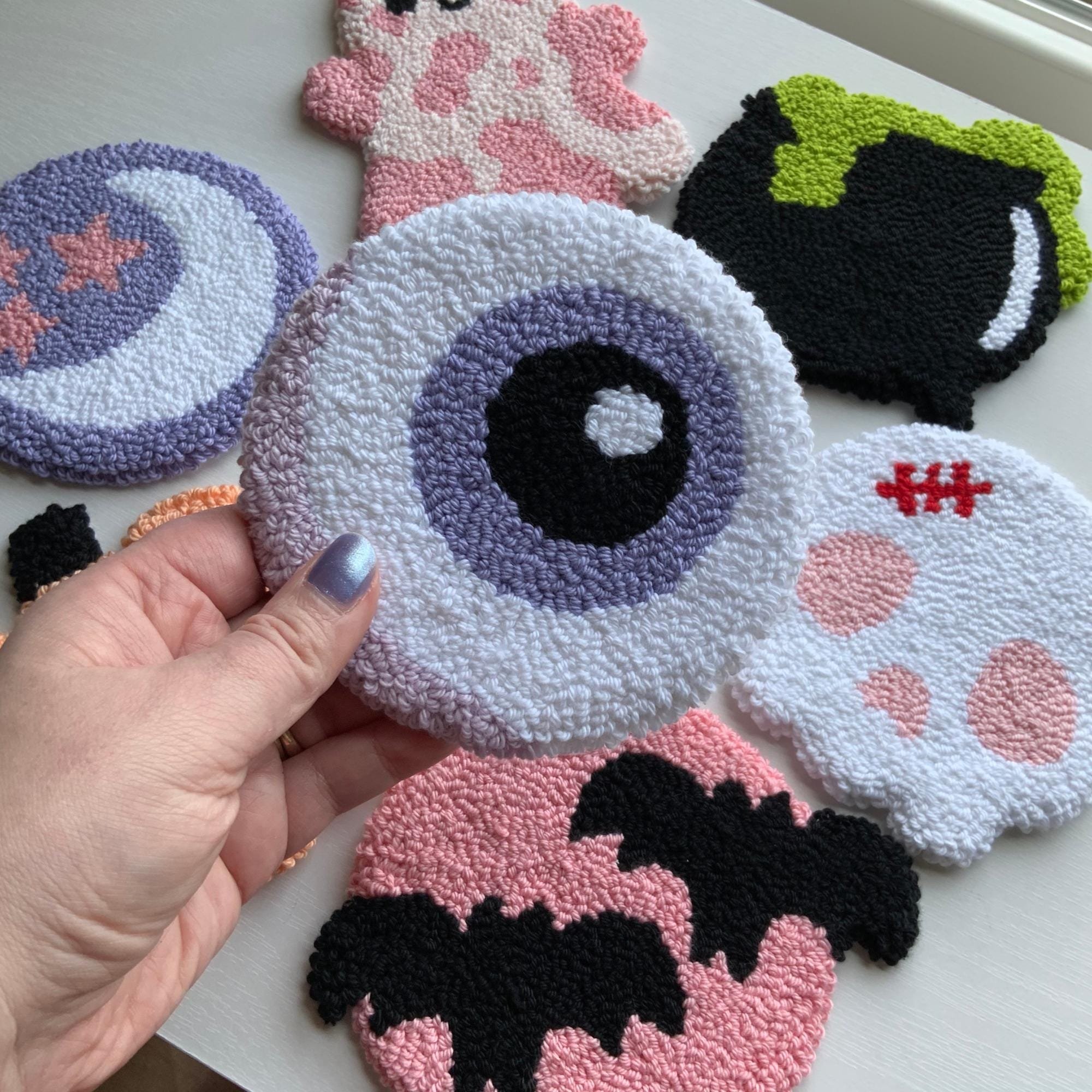 Handmade Punch Needle Halloween Fall Decor Cute Spooky Mug Rug Coasters Kitchen Table Fabric Pad Drink Holder Halloween Fall