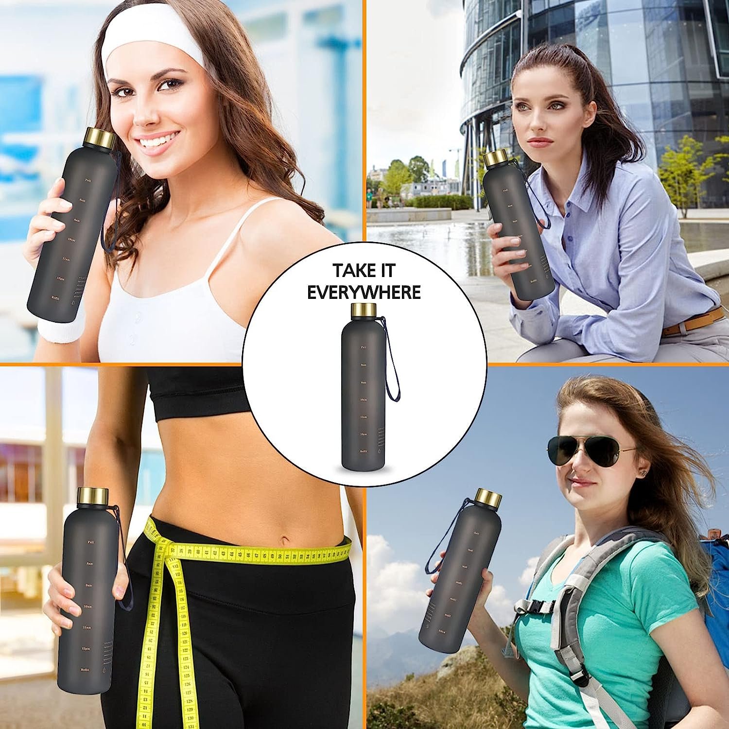 LEAK proofs 1000ml 32 oz Motivational sports narrow mouth Water Bottle for outdoor gym hikingwith Time Marker carry strap