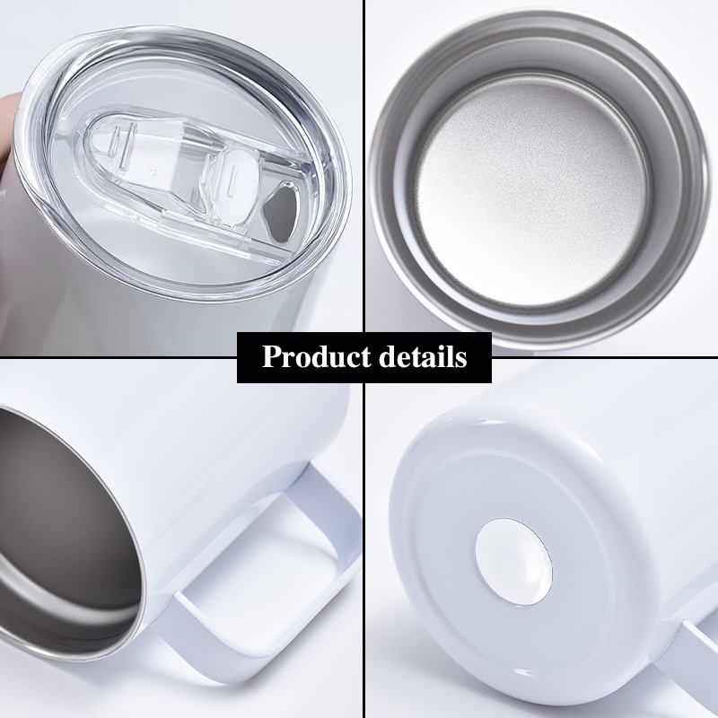 US Warehouse 12oz Double Wall Insulated Vacuum Tumbler Sublimation White Stainless Steel Coffee Mug with Handle and Lid