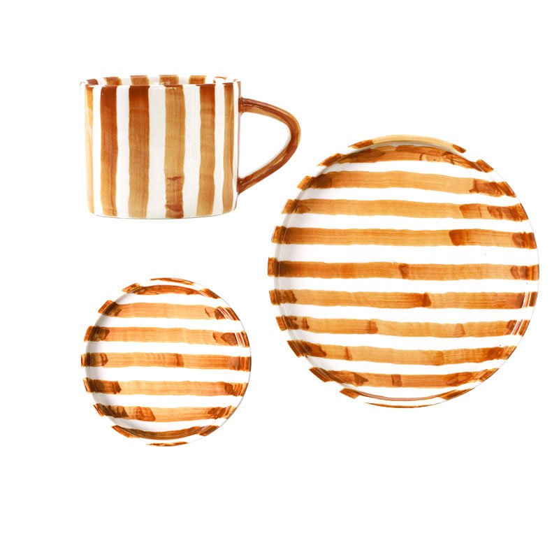 Wholesale ins korea retro hand painted strip ceramic coffee mug with saucer creative dessert salad plate