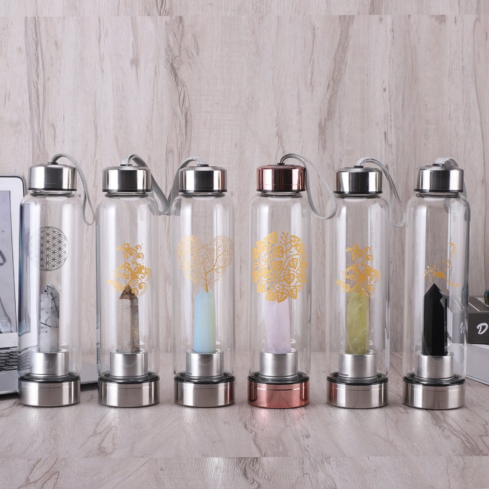 500ml Gem Amethyst Rose Quartz Water Bottle Crystal Infused Elixir Water Bottle Glass with Changeable Crystals