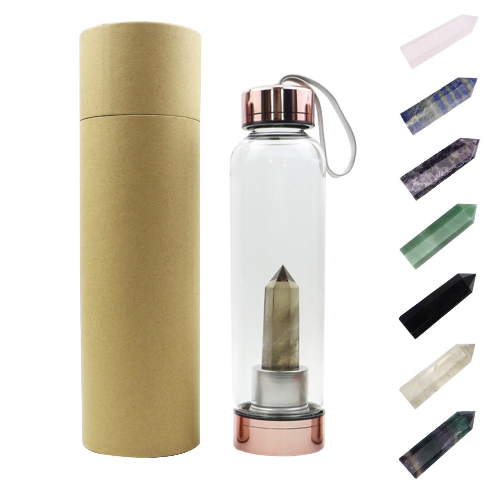 500ml Gem Amethyst Rose Quartz Water Bottle Crystal Infused Elixir Water Bottle Glass with Changeable Crystals