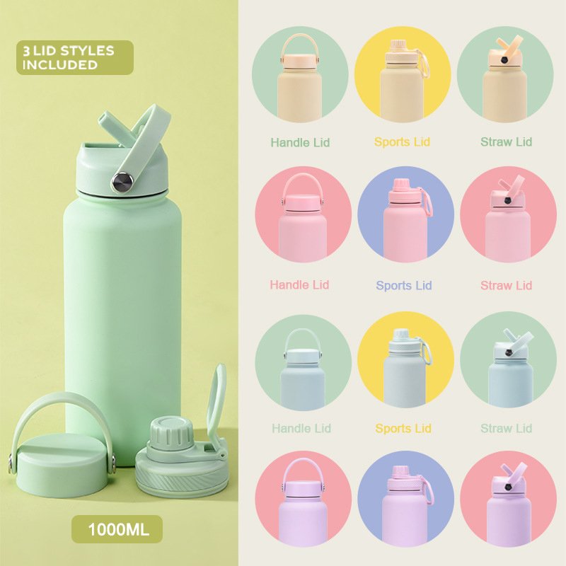 Mix colors 1 litre custom logo rubber painting wide mouth sports water bottle insulated vacuum flasks & thermoses wholesale