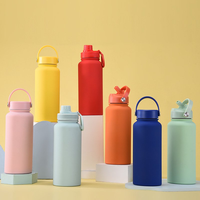 Mix colors 1 litre custom logo rubber painting wide mouth sports water bottle insulated vacuum flasks & thermoses wholesale