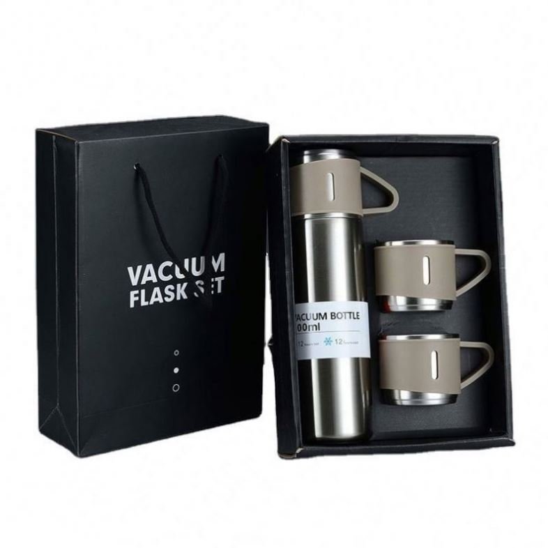 Custom Reusable Coffee Thermos Bottle One Cup Two Lid Gift Box Tea Mugs 304 Stainless Steel Vacuum Tea Cup Sets