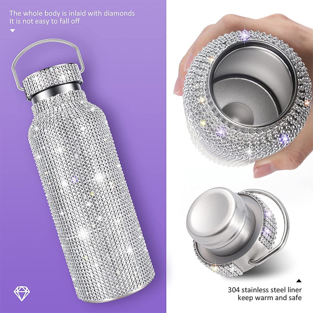 Women Creative Portable Crystal Rhinestone Diamond Bling Stainless Steel Vacuum Flask Water Bottle