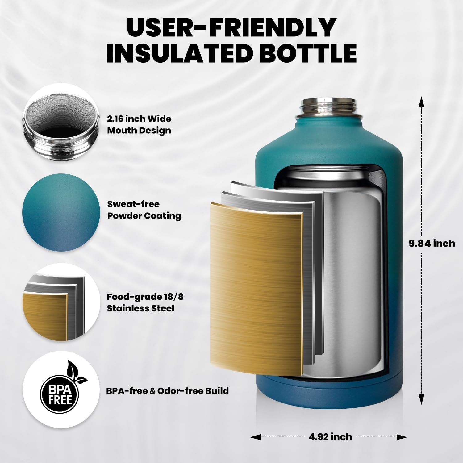CHUFENG Leak Proof Non-BPA Insulated Water Bottle 64oz Half Gallon Water Flask Jug with Paracord Handle