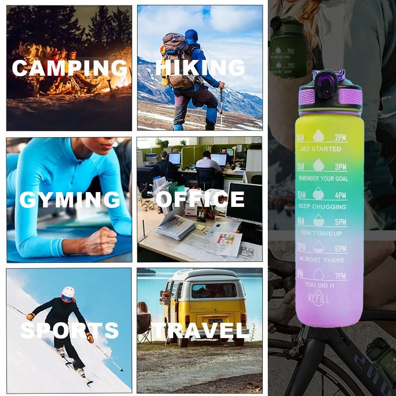 Wholesale 32oz 1L eco friendly large bpa free fitness gym sport motivational water bottle with time marker
