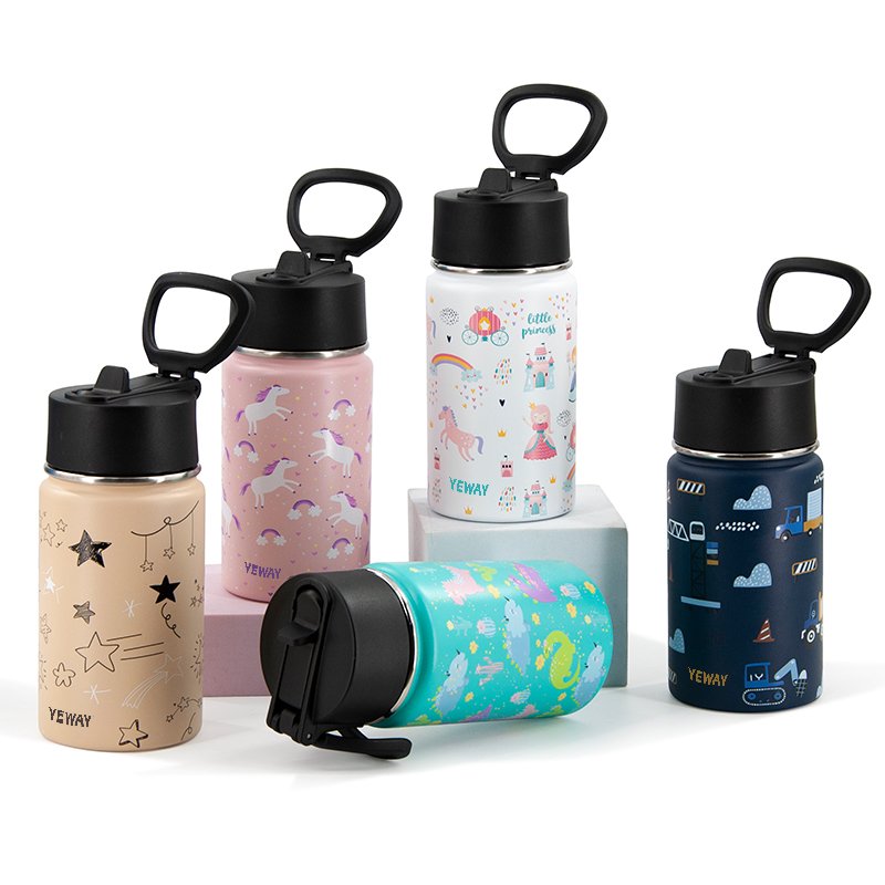 OEM BPA Free Custom Strap handle straw lid cute double wall Stainless Steel Vacuum Flask cartoon water bottle for Kid Children