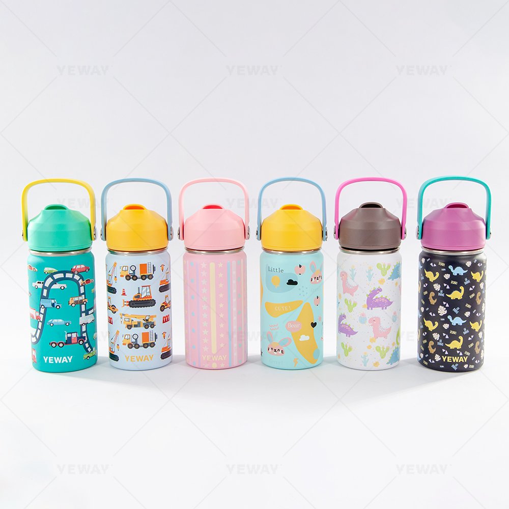 OEM BPA Free Custom Strap handle straw lid cute double wall Stainless Steel Vacuum Flask cartoon water bottle for Kid Children