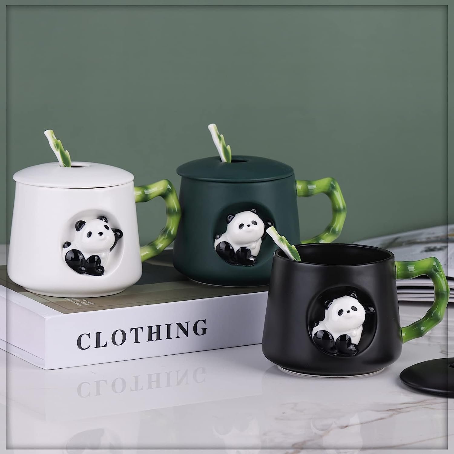 eco friendly products 2023 Panda Ceramic Green Novelty Coffee Mug Porcelain Tea cup Lid & Spoon Gifts for Women Friends Kids