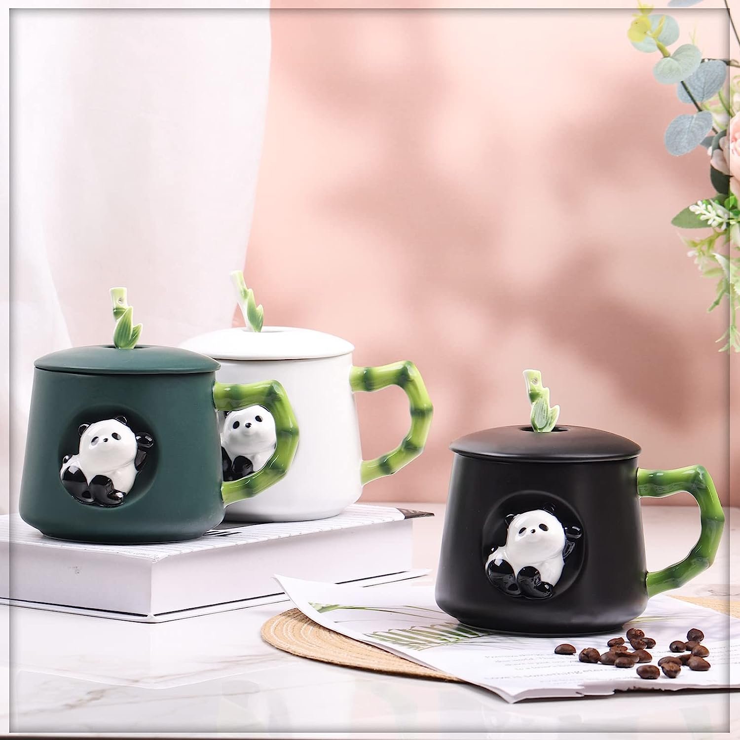 eco friendly products 2023 Panda Ceramic Green Novelty Coffee Mug Porcelain Tea cup Lid & Spoon Gifts for Women Friends Kids