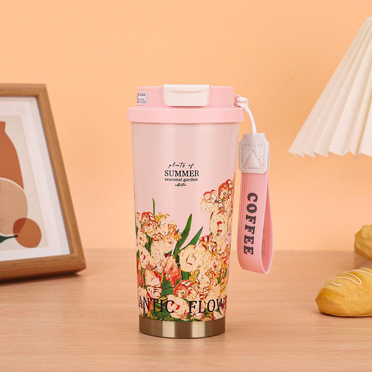 Custom Logo 500ml Stainless Steel Coffee Mug Portable Vacuum Coffee Thermos Cup with Rope Vacuum Flasks for Promotion