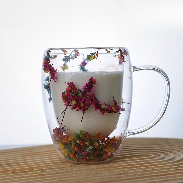 Flowers Inside Glass Coffee Mug Clear Dried Flowers Glass Cup Dried Flower Decorated Coffee Cup Milk Mug