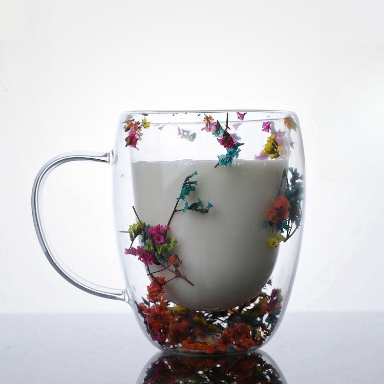 Flowers Inside Glass Coffee Mug Clear Dried Flowers Glass Cup Dried Flower Decorated Coffee Cup Milk Mug