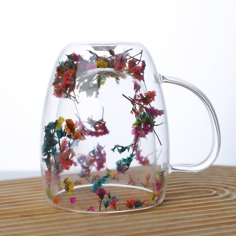 Flowers Inside Glass Coffee Mug Clear Dried Flowers Glass Cup Dried Flower Decorated Coffee Cup Milk Mug