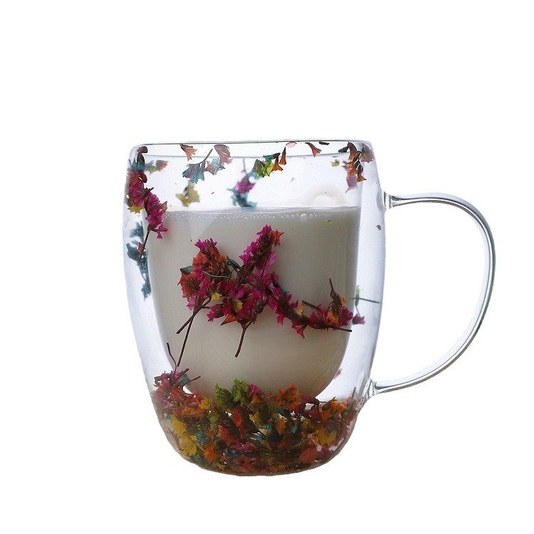 Flowers Inside Glass Coffee Mug Clear Dried Flowers Glass Cup Dried Flower Decorated Coffee Cup Milk Mug