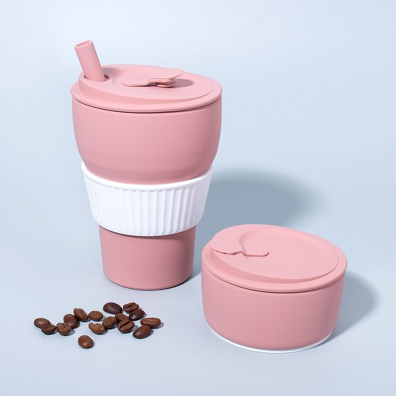 Pocket Size Camping Hiking Drinking Cups Silicone Foldable Bottle Coffee Mug Silicone Collapsible Travel Coffee Cups with Straw